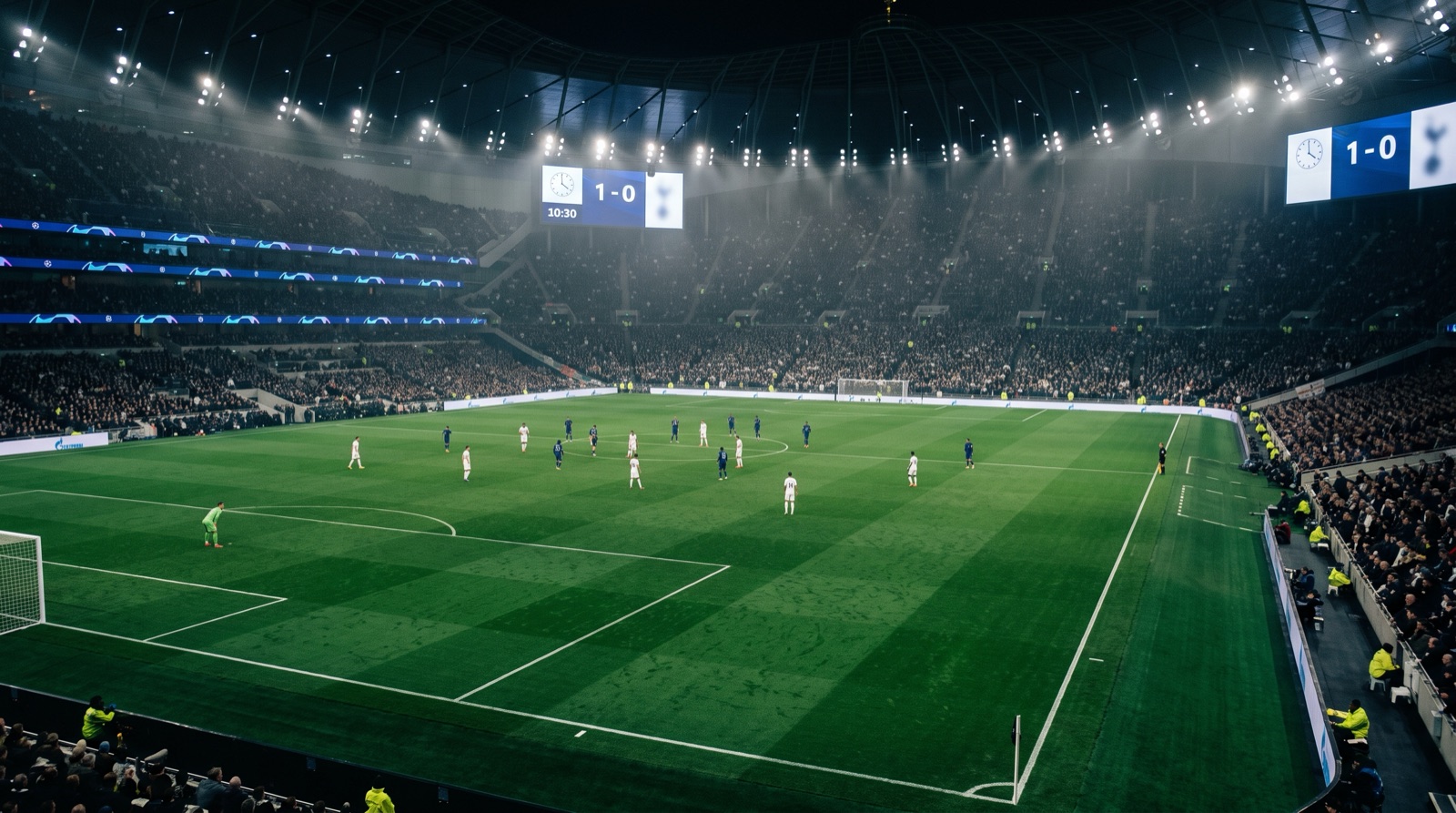 Partido nocturno de Champions League en un estadio europeo lleno