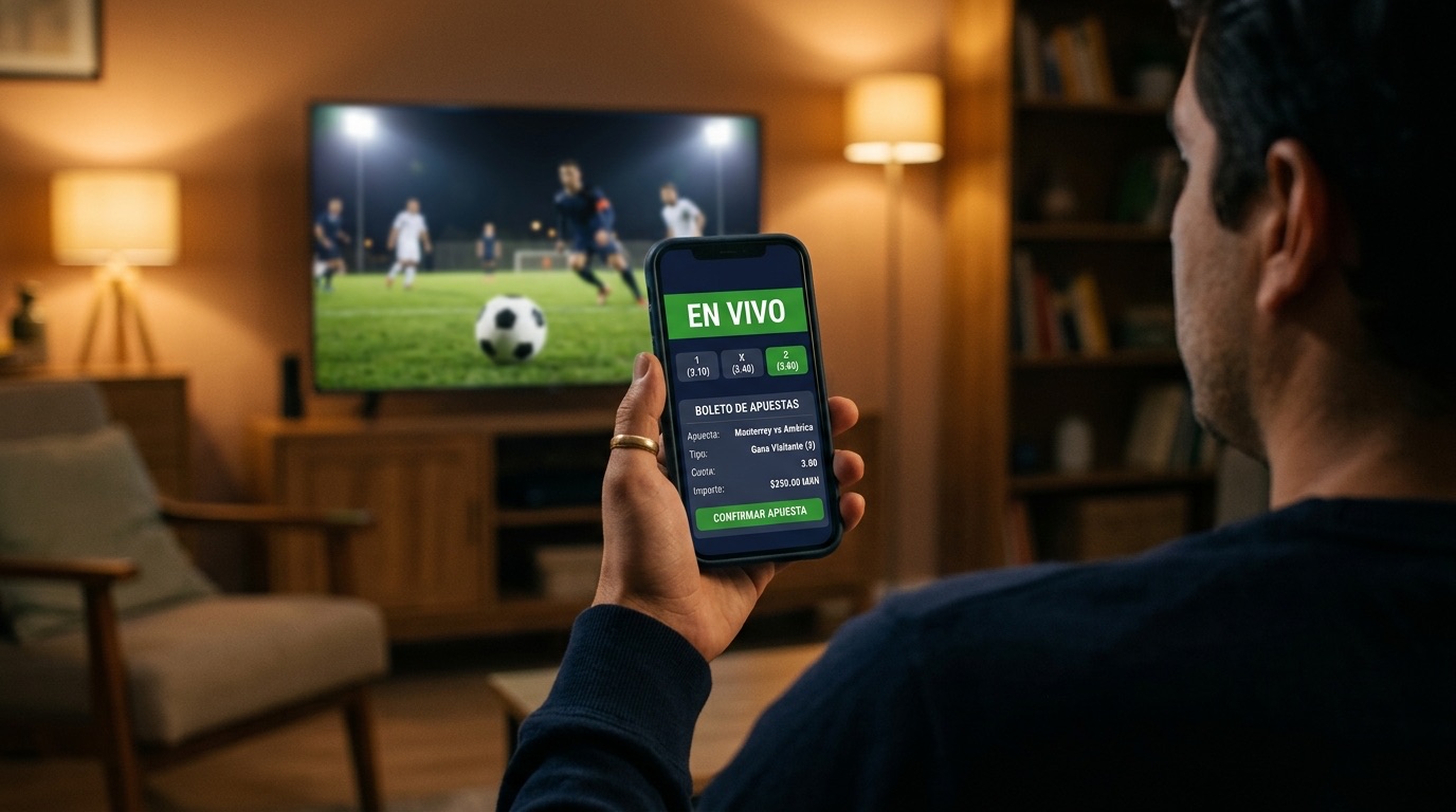 Aficionado mexicano confirmando una apuesta en vivo desde el celular mientras ve un partido de fútbol en la televisión