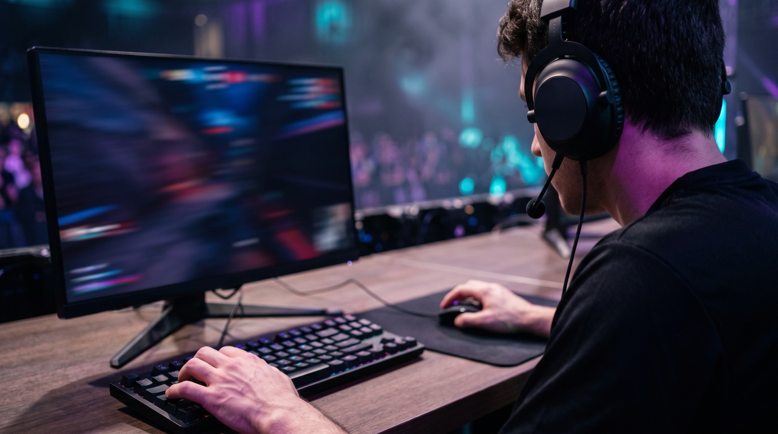 Jugador de esports con audífonos concentrado frente al monitor durante una partida de torneo