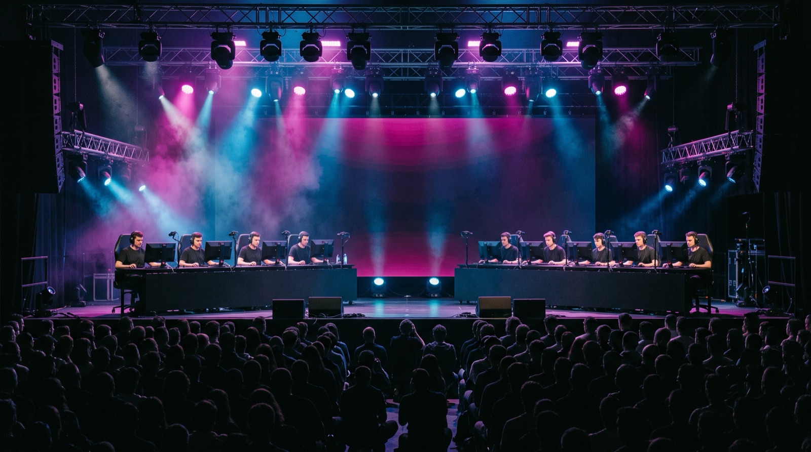 Escenario de un torneo de esports con dos equipos enfrentados en sus escritorios y el público llenando el auditorio