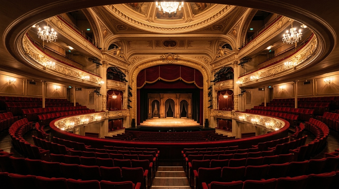 Interior de un teatro histórico de Londres con butacas rojas y escenario iluminado