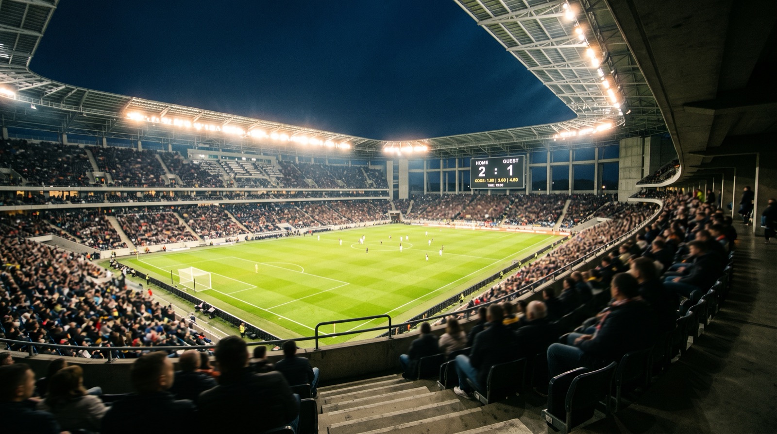 Estadio de futbol de noche con el marcador digital encendido