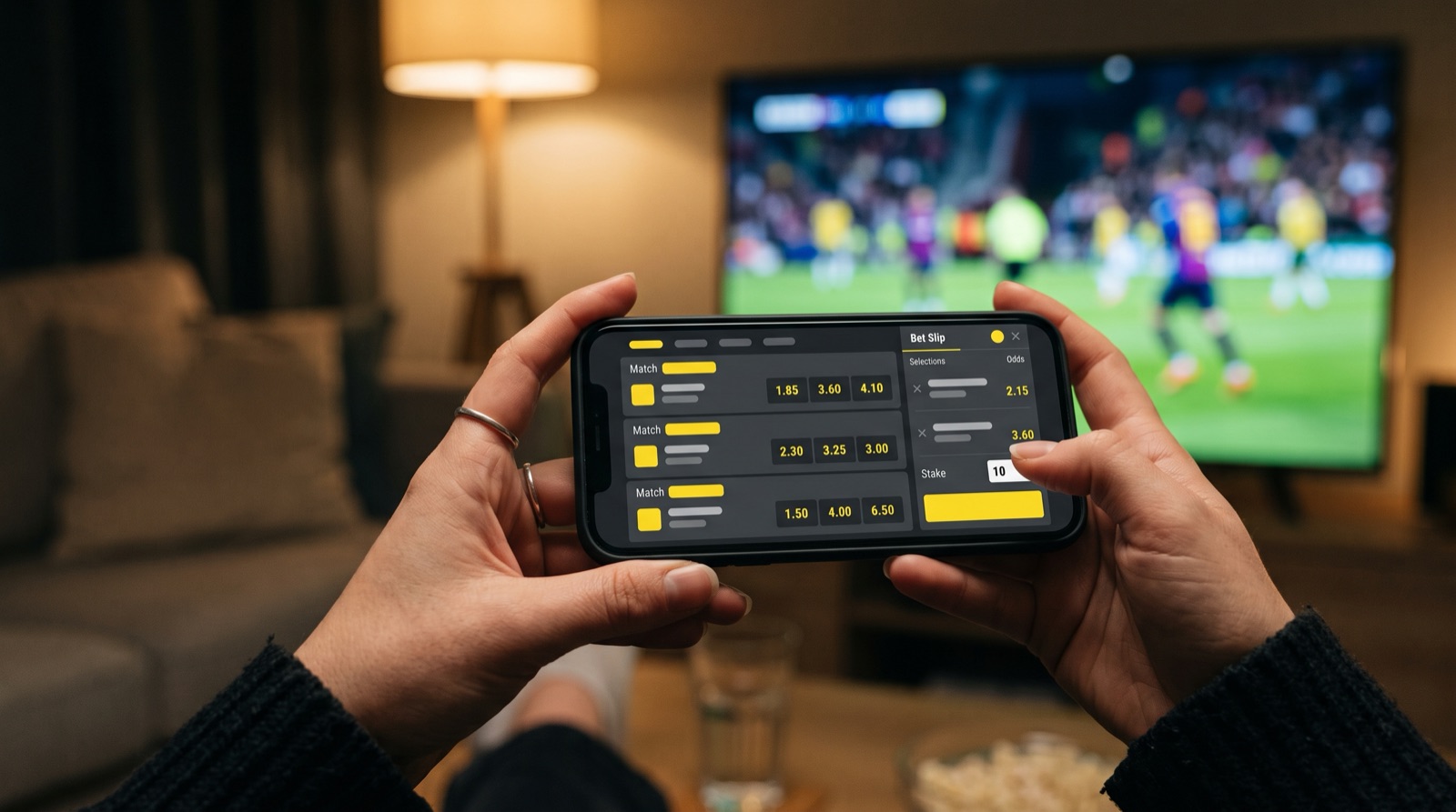 Celular con una casa de apuestas abierta en el navegador y un partido en la televisión