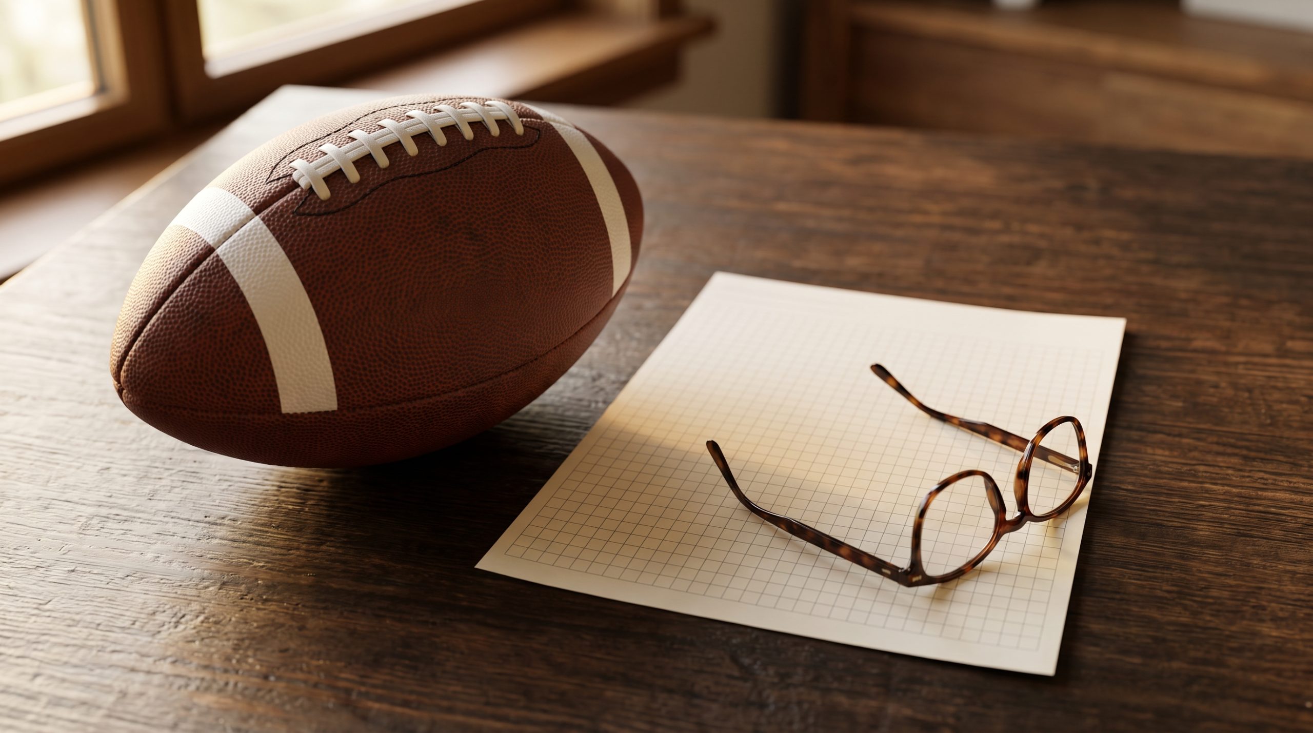 Balón de futbol americano junto a una hoja cuadriculada en blanco y unos lentes de lectura sobre un escritorio de madera