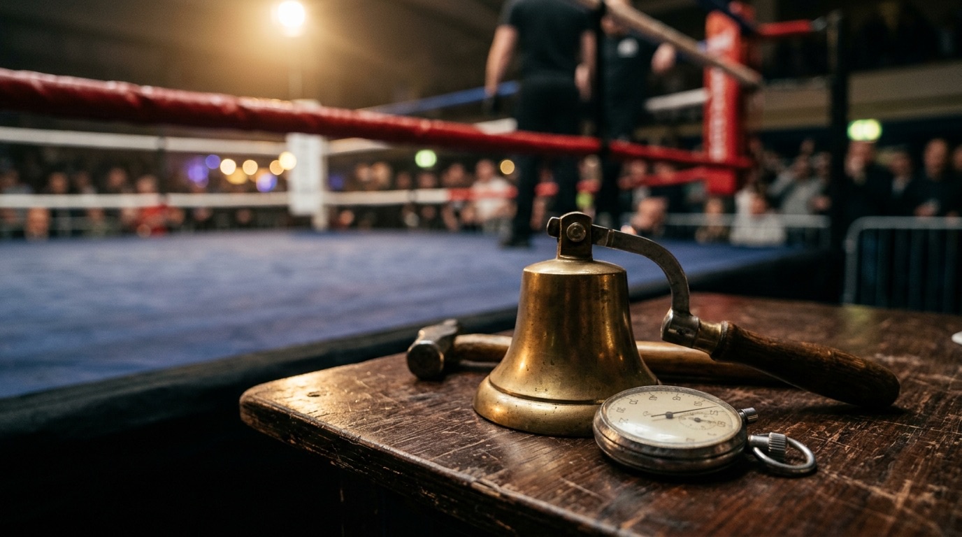 Campana y cronómetro de un juez de tiempo sobre una mesa junto al ring