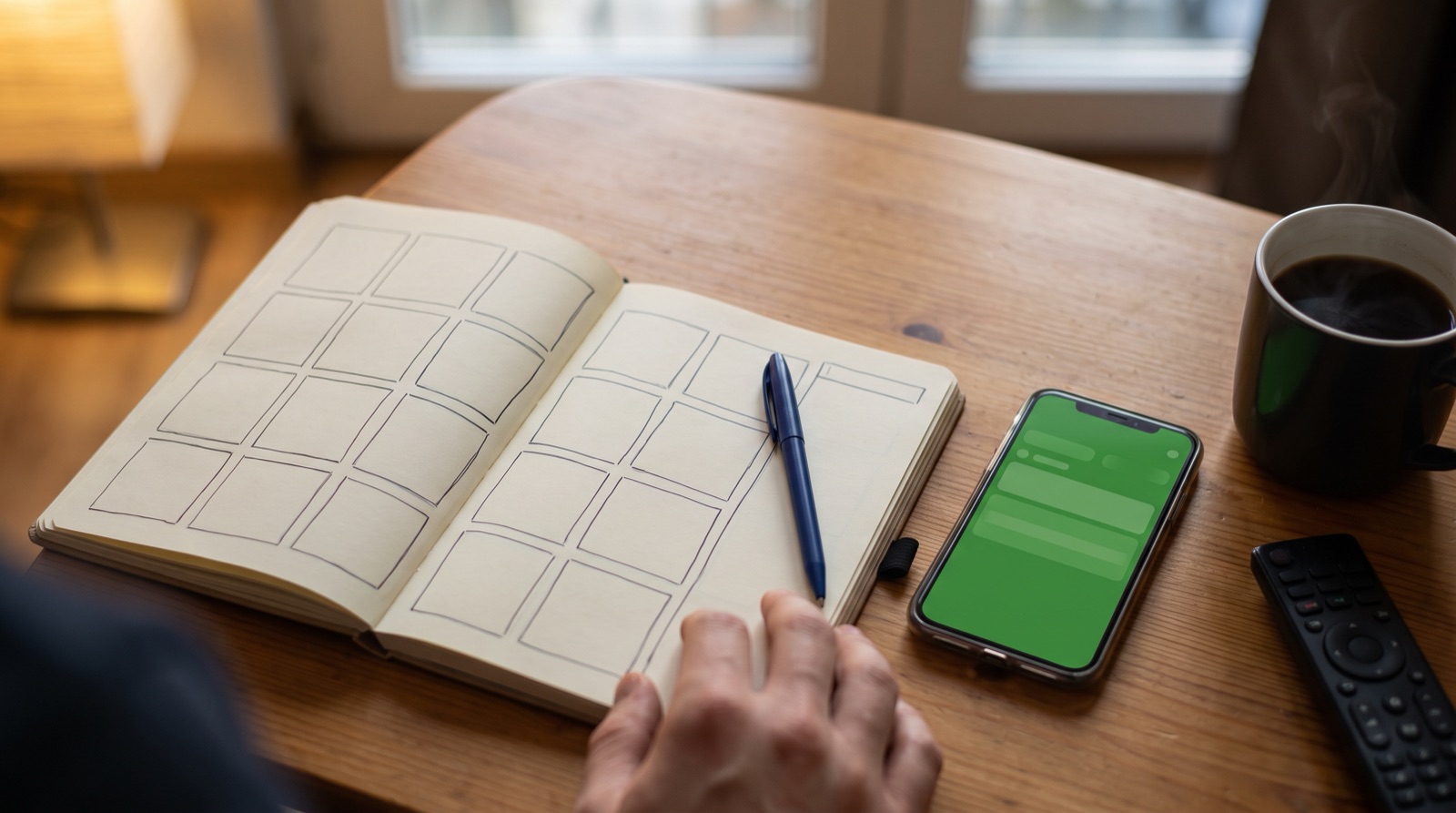 Agenda de papel con una cuadricula en blanco, una pluma y un celular sobre una mesa de madera