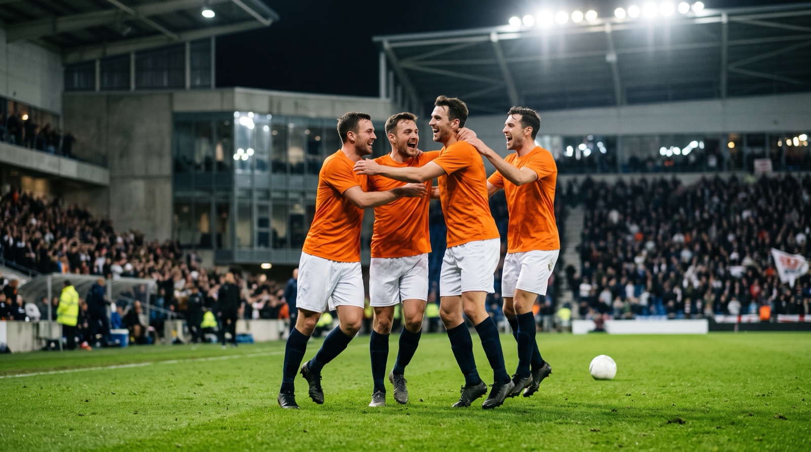 Futbolistas celebrando un gol en un estadio durante una noche de Champions League