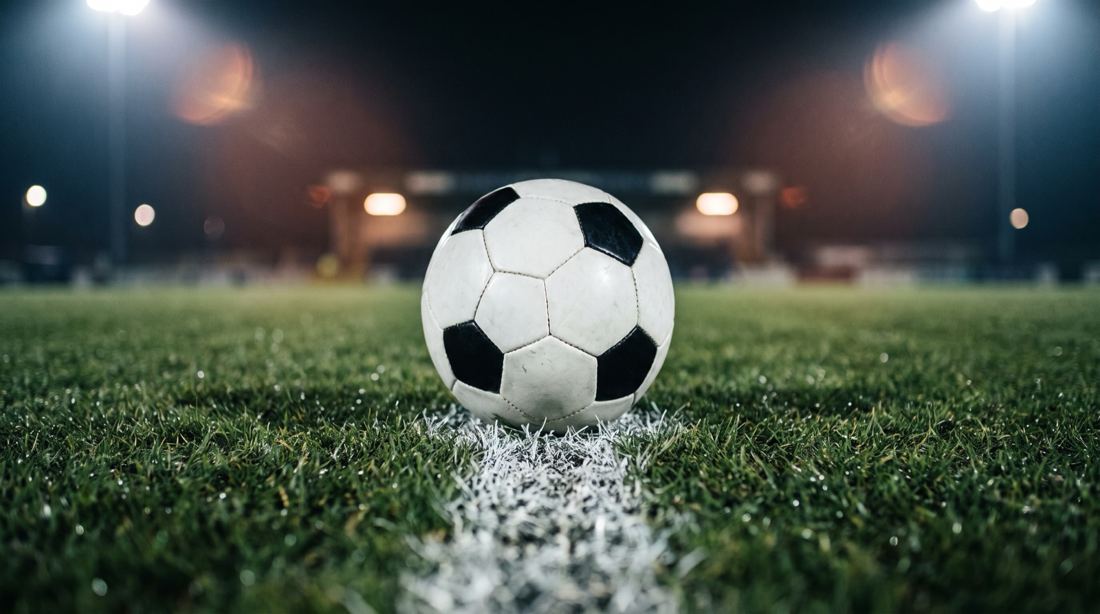 Balón en el manchón penal de una cancha iluminada de noche