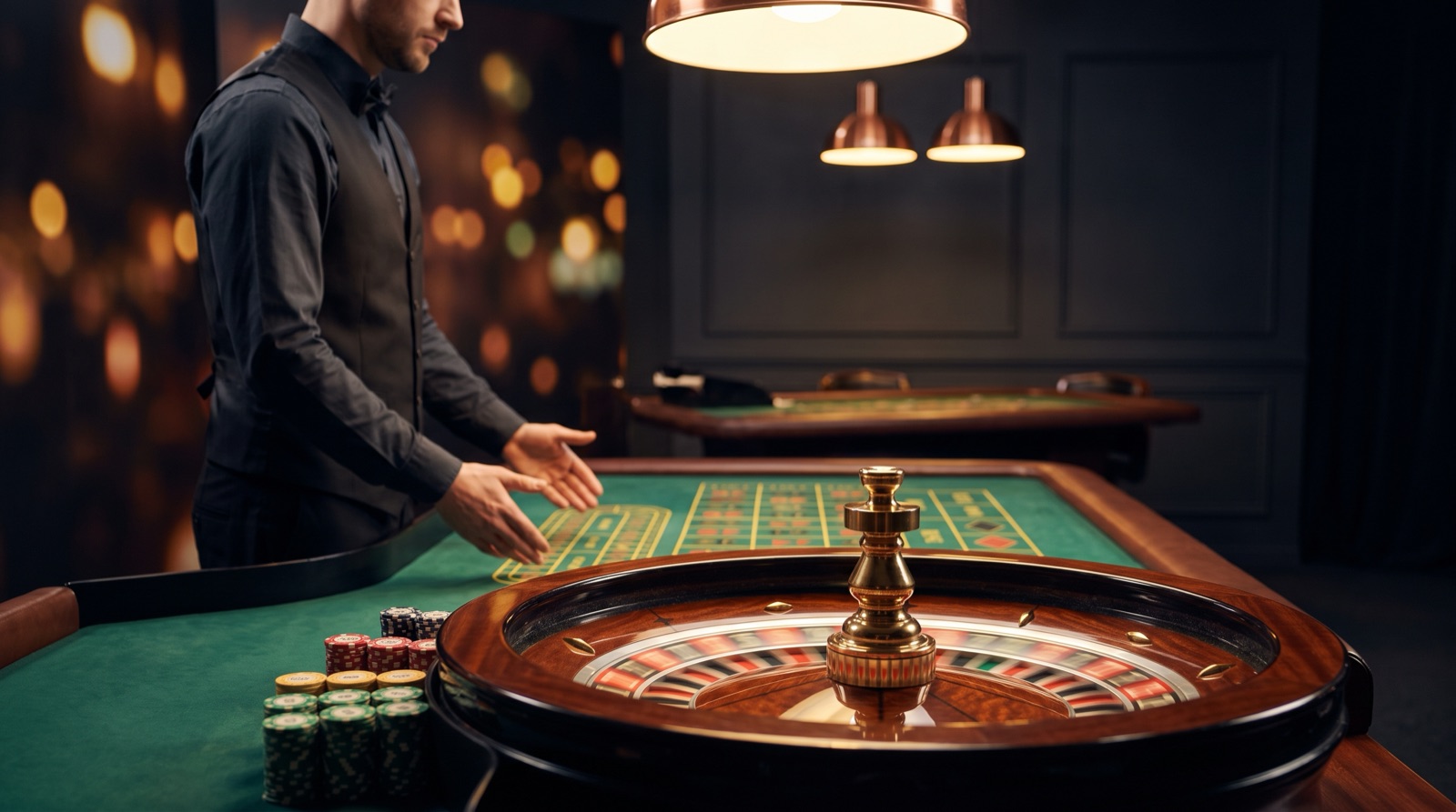 Crupier junto a una mesa de ruleta en un estudio de casino en vivo
