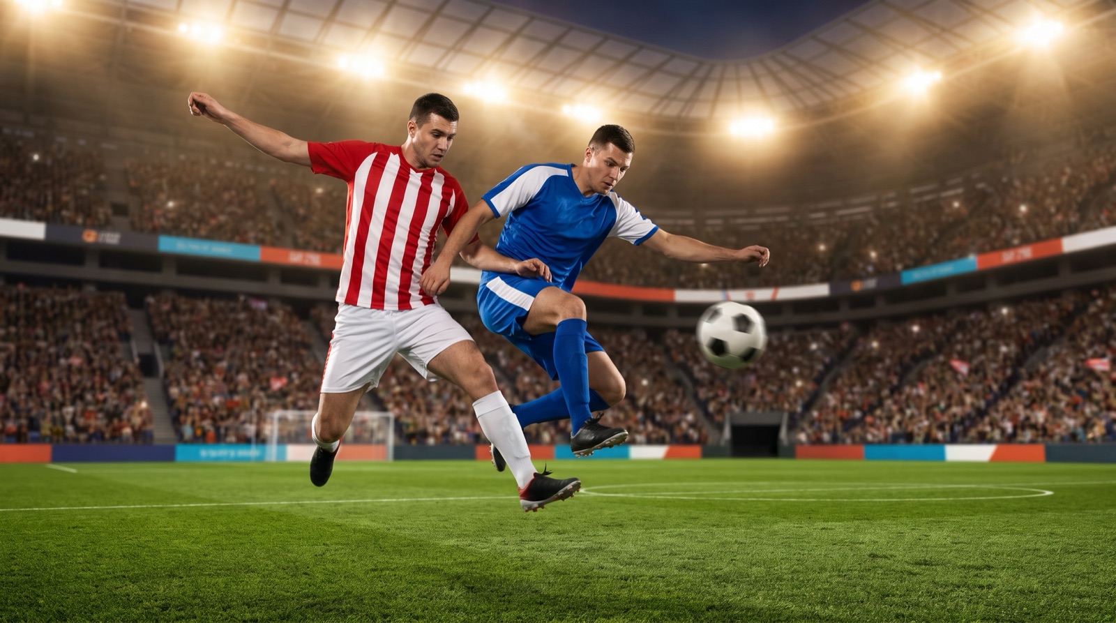 Duelo aereo entre un futbolista de rojo y blanco y uno de azul en un estadio lleno de noche, final de la Leagues Cup 2026
