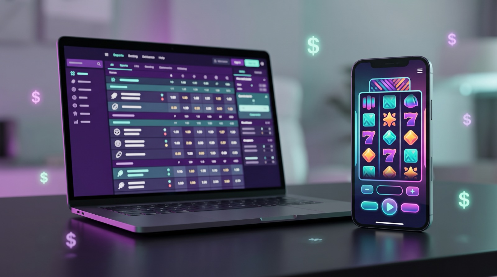 Laptop y celular con una interfaz de casino y apuestas deportivas en línea
