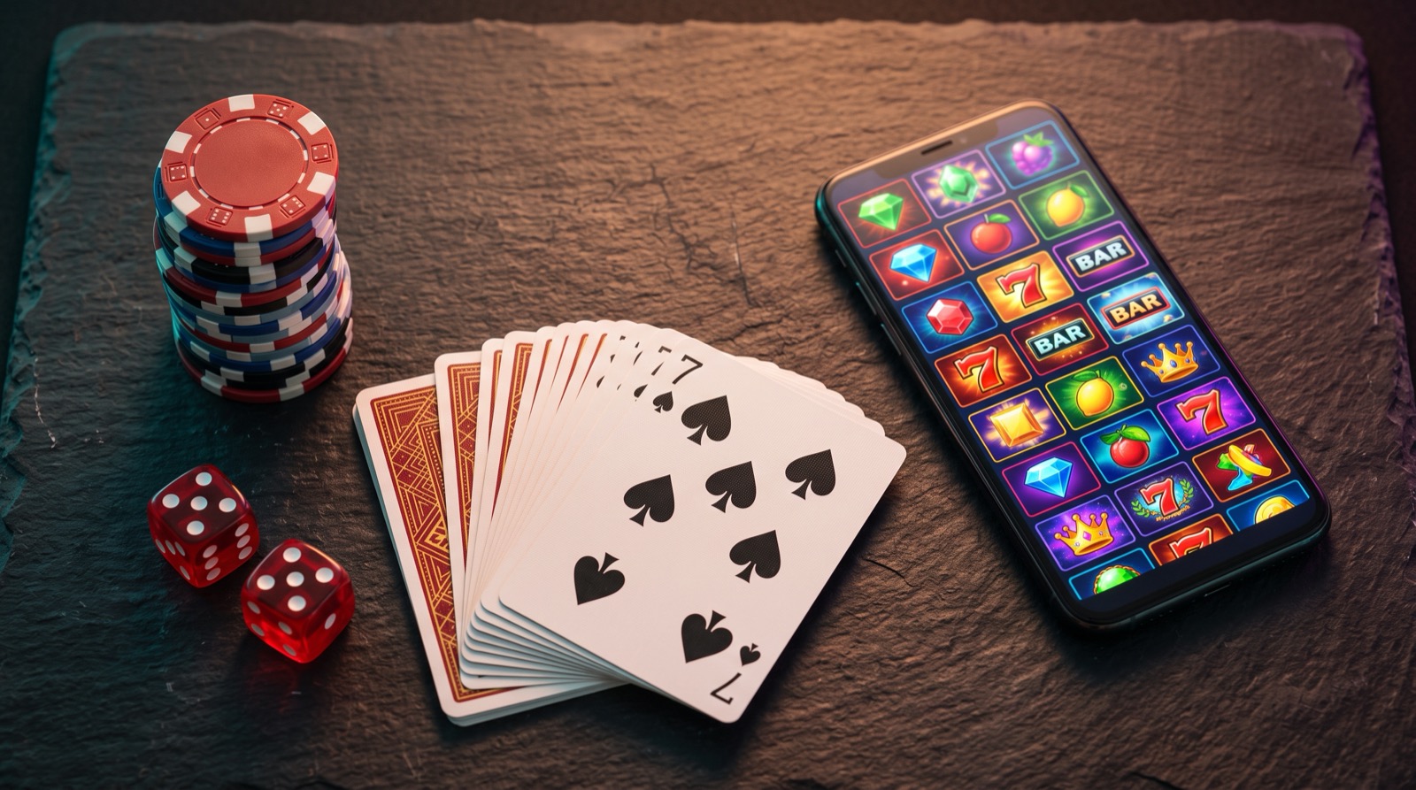 Fichas de casino, dados y cartas junto a un celular con juegos de tragamonedas