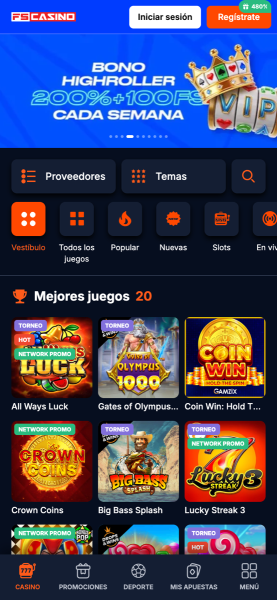 El sitio de FS Casino en un celular, con el lobby de casino y la barra inferior de navegación
