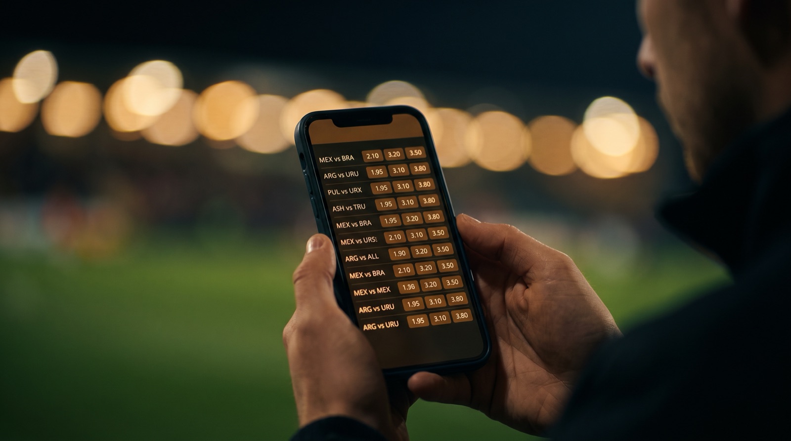 Apostador consulta las cuotas de un partido de futbol desde el celular en un estadio de noche
