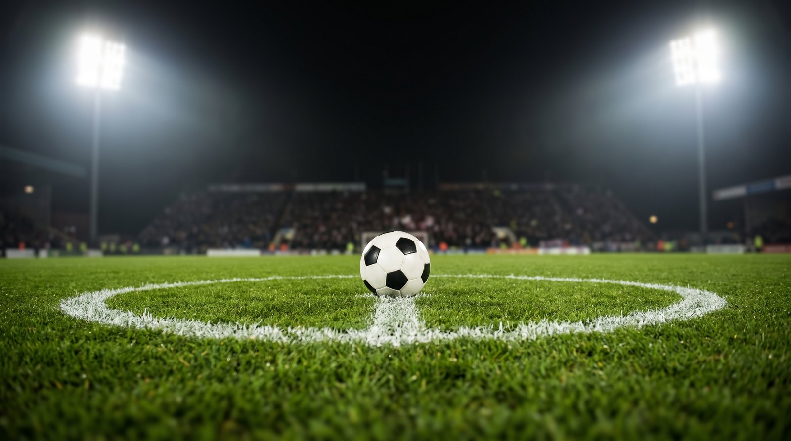 Balon de futbol en el circulo central de una cancha iluminada antes del silbatazo inicial