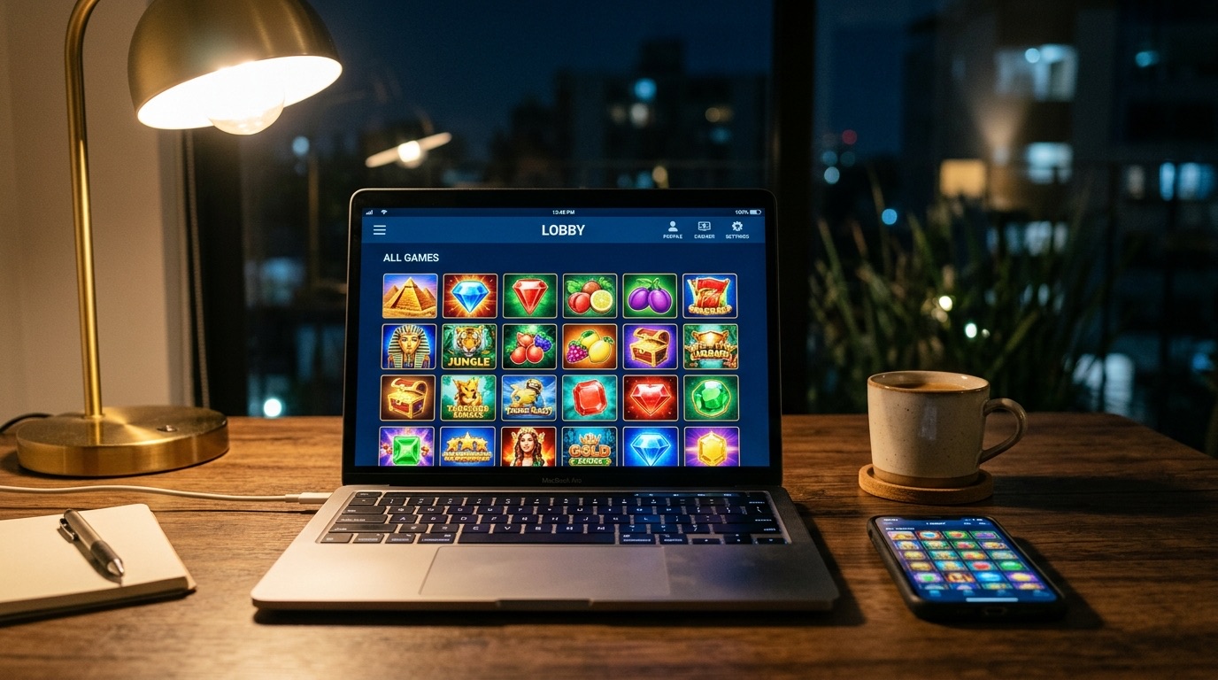 Lobby de casino en línea abierto en una laptop y un celular sobre un escritorio de noche