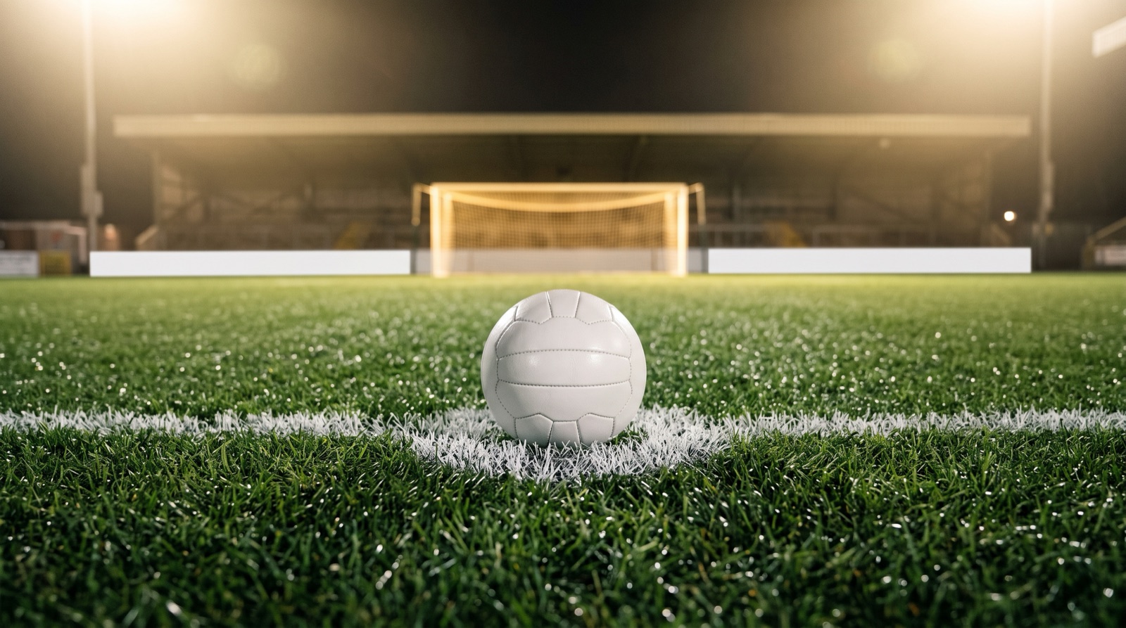 Balón sobre el punto penal de una cancha iluminada de noche