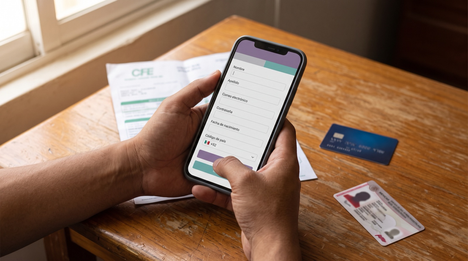 Manos sosteniendo un celular con el formulario de registro de un casino en linea en espanol, con la lada +52 y una identificacion oficial y un recibo de luz sobre la mesa