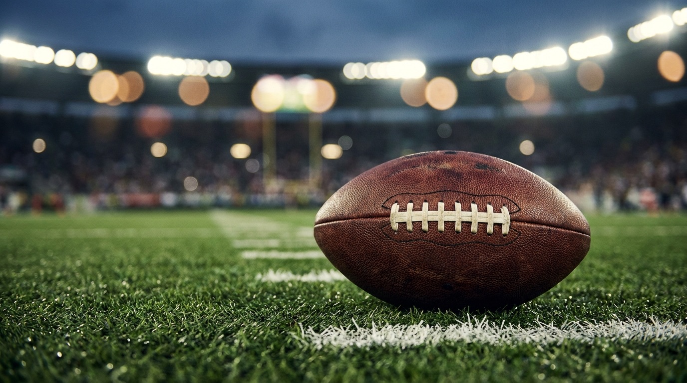 Balón de futbol americano sobre el pasto de un estadio de la NFL de noche