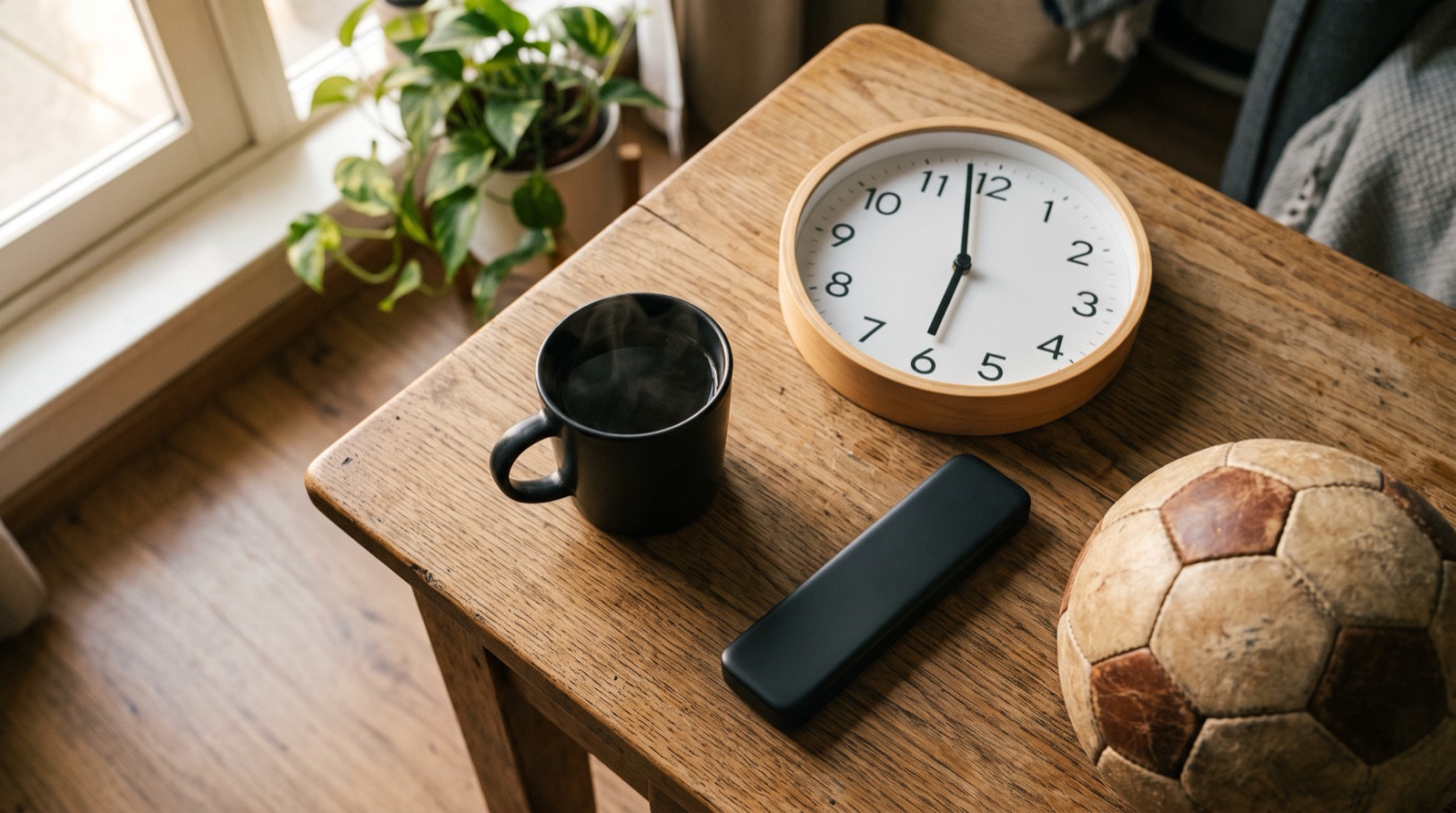 Mesa de madera con una taza de café, un reloj de pared marcando una hora temprana, un control remoto y un balón de futbol