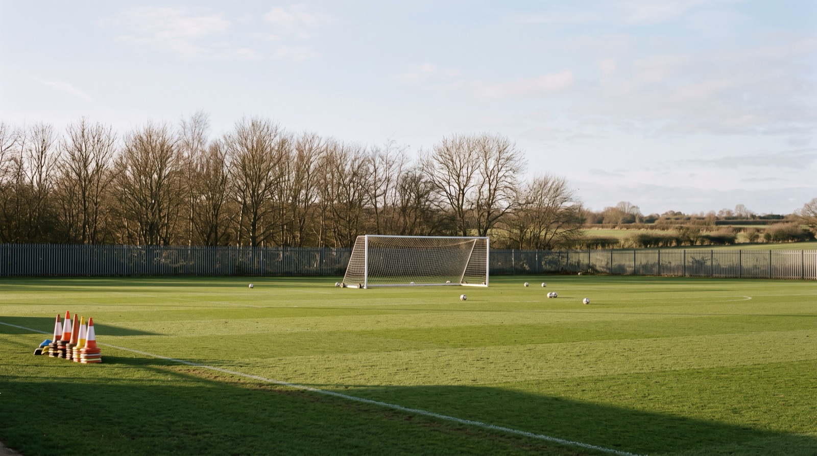 Campo de entrenamiento de futbol vacío, con una portería y varios balones sobre el césped, durante una pausa de la temporada