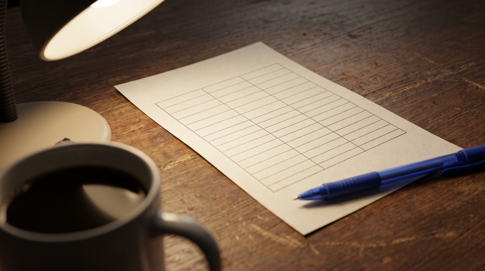 Boleto de quiniela en blanco con su cuadricula de casillas sobre una mesa de madera, junto a una pluma azul y una taza de cafe