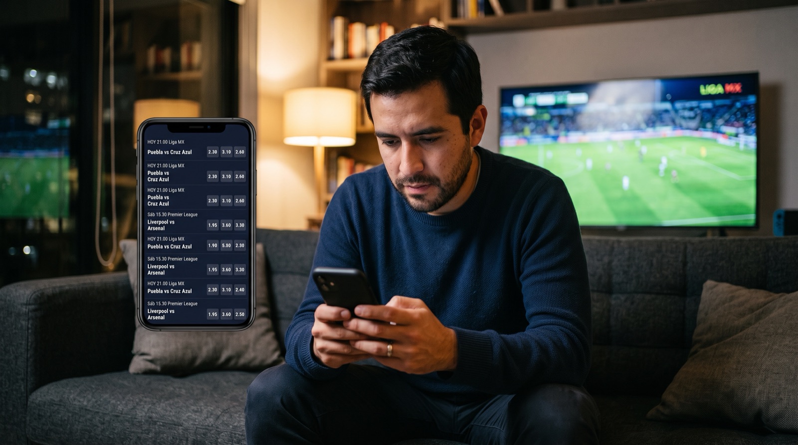 Apostador mexicano revisa momios de futbol en su celular mientras ve un partido