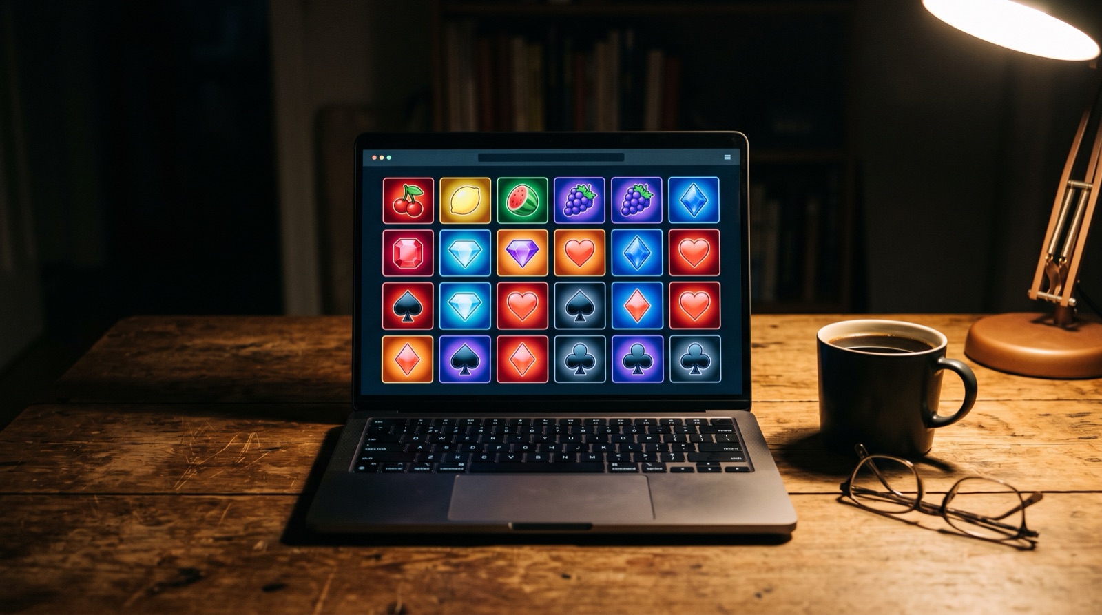 Laptop mostrando una cuadricula de juegos de casino en linea sobre un escritorio de madera