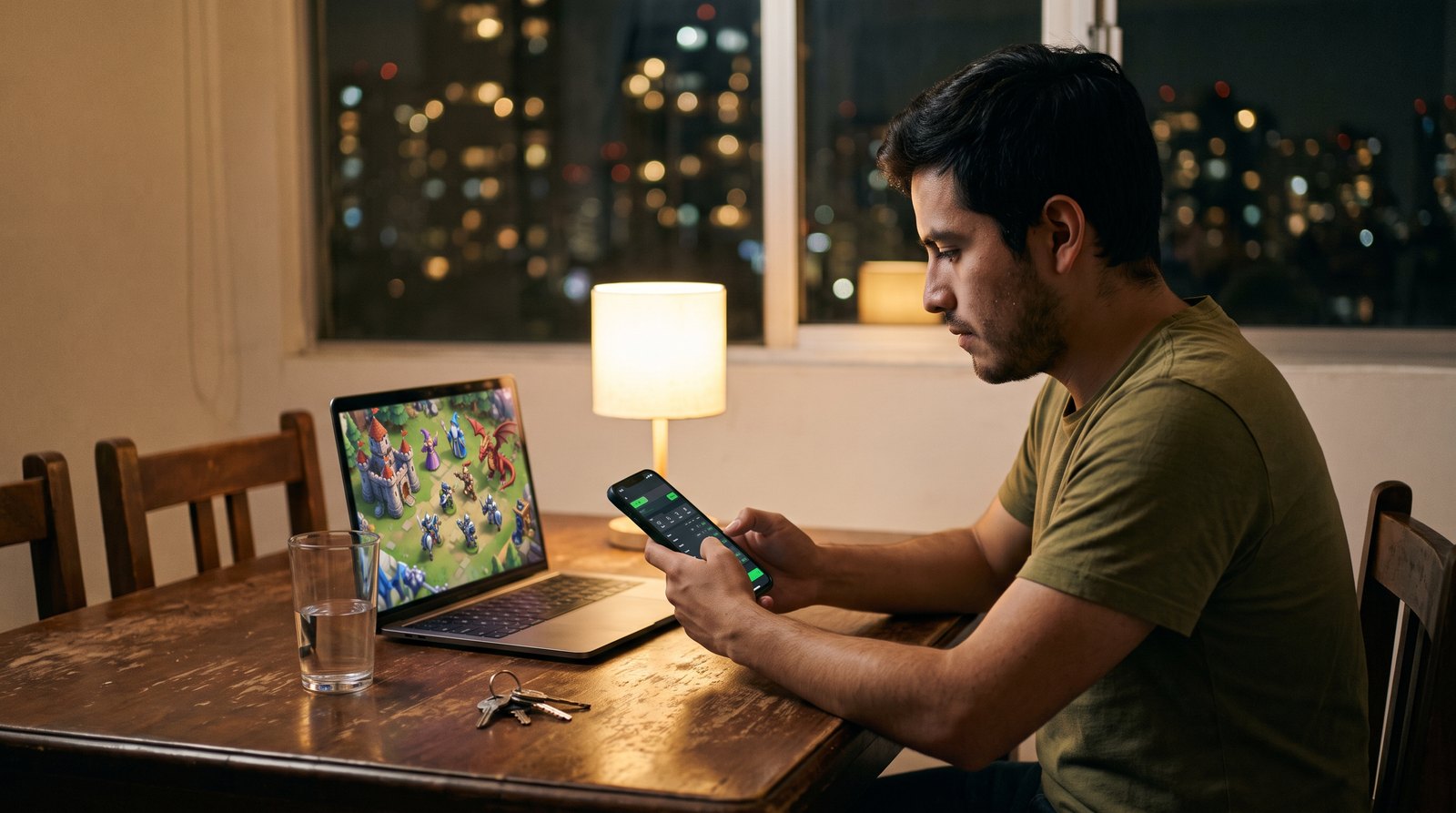 Apostador mexicano consultando momios de futbol y eSports en el celular por la noche