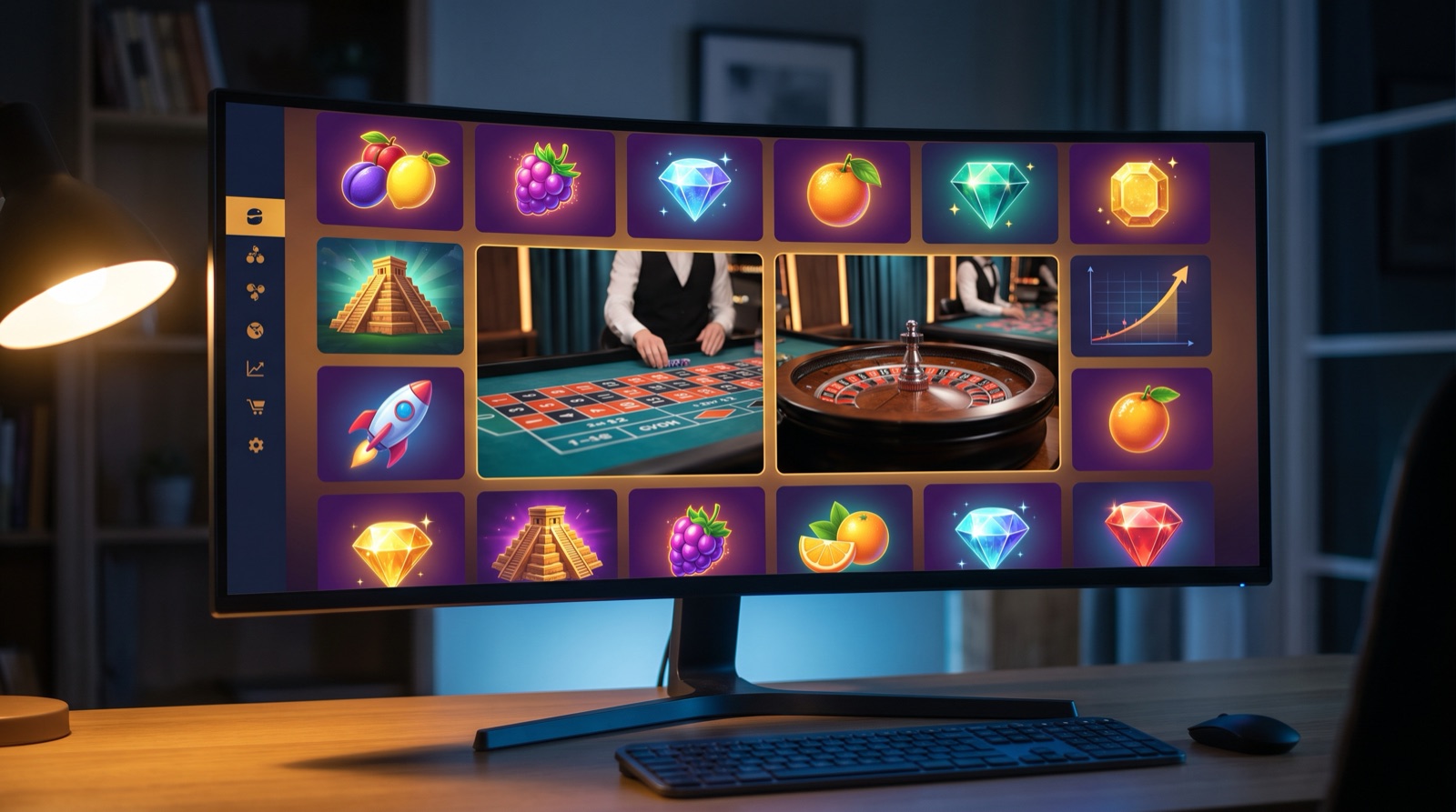 Catálogo de tragamonedas y mesas con crupier en vivo de un casino en línea visto en un monitor