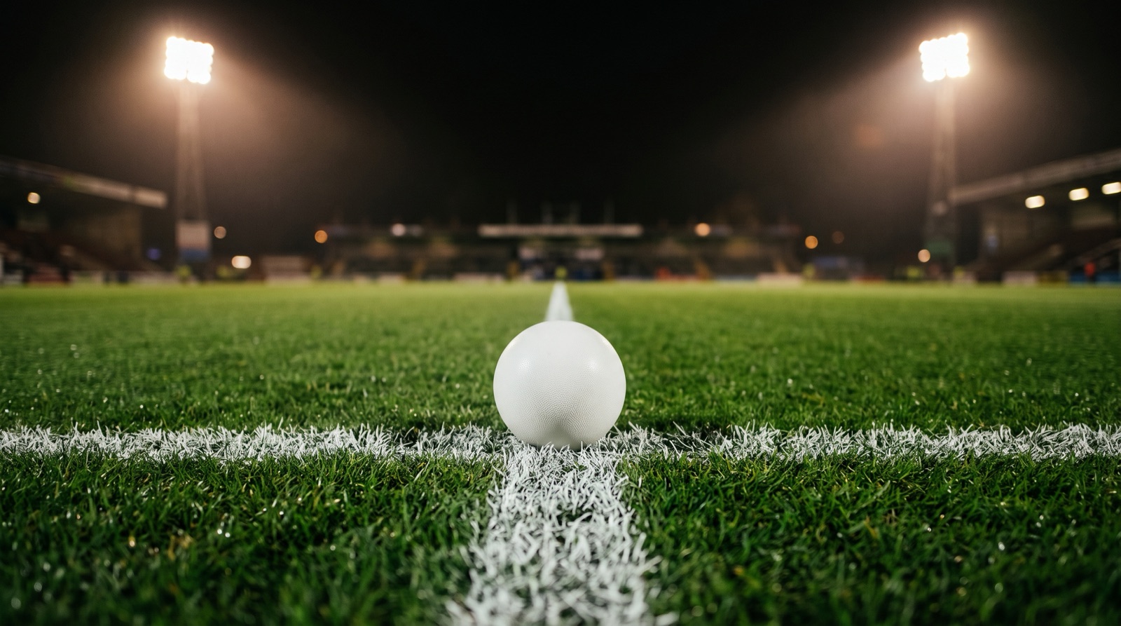Balón sobre la línea de media cancha bajo los reflectores