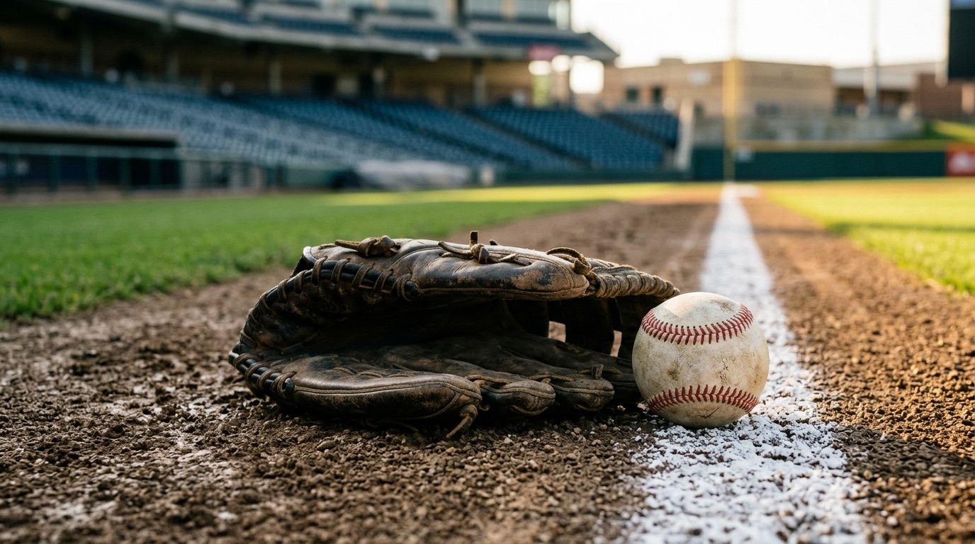 Guante de beisbol y pelota sobre la tierra junto a la línea de foul