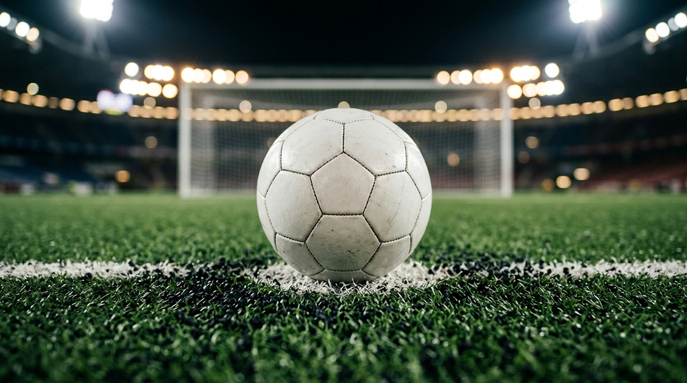 Balón sobre el punto penal de una cancha de pasto sintético bajo los reflectores