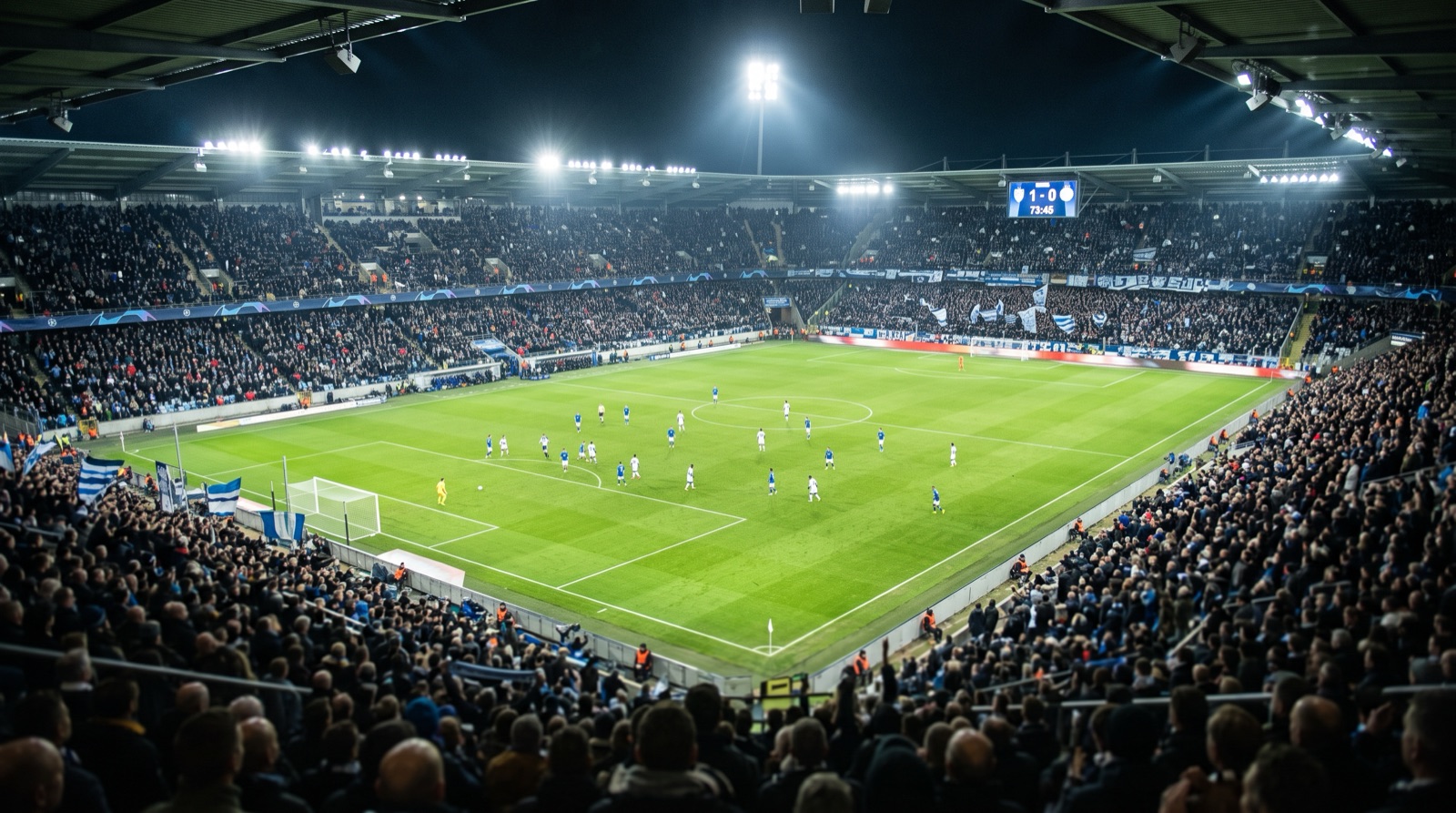 Estadio europeo lleno durante un partido nocturno de la jornada 1 de la Champions League