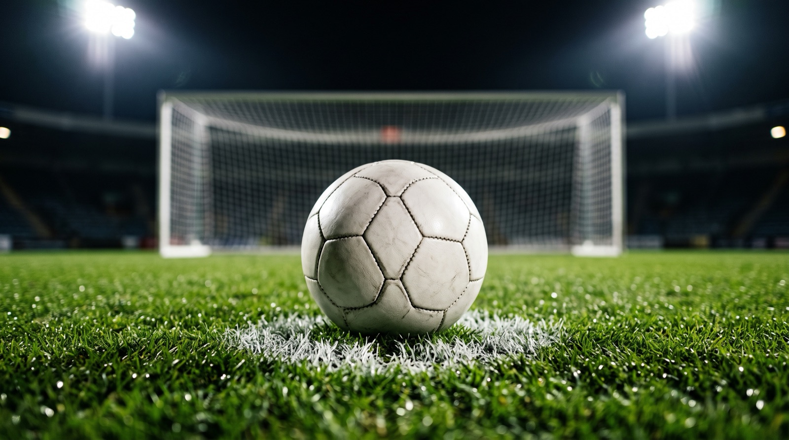 Balón sobre el punto penal de una cancha iluminada de noche, con la portería al fondo