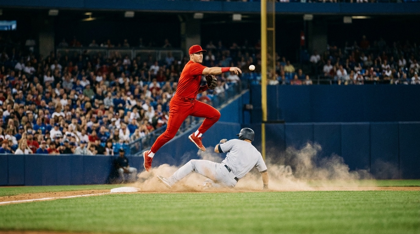 Jugador de rojo salta sobre el corredor que se barre en segunda base para completar una doble matanza en un juego nocturno