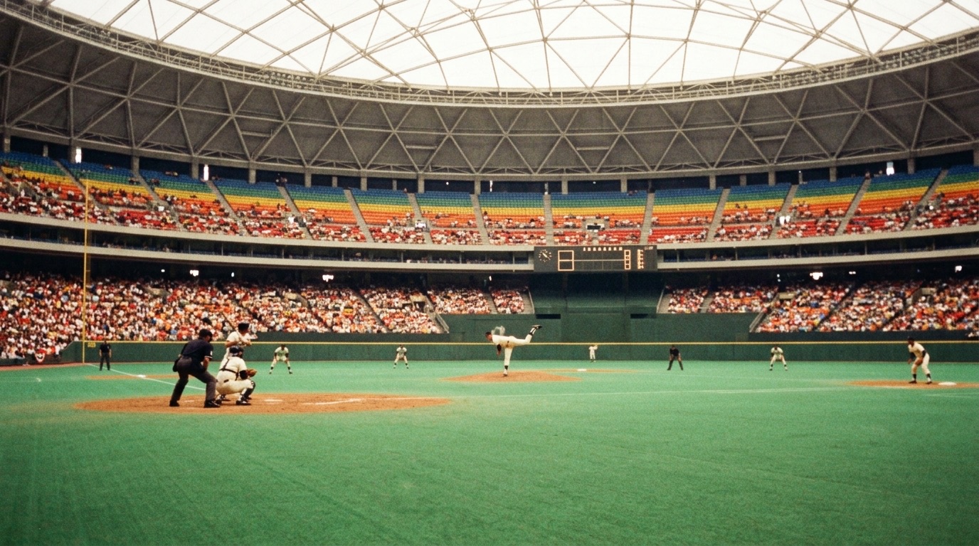 Fotografía de estilo antiguo de un juego de beisbol en un estadio techado con pasto artificial y butacas de colores