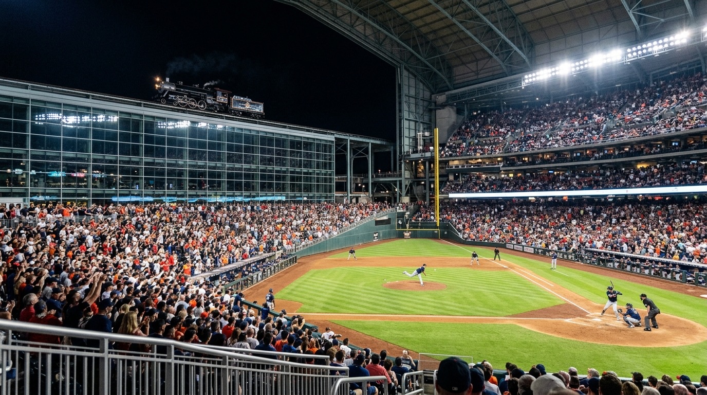Estadio de beisbol techado de noche con una locomotora antigua sobre la barda del jardín izquierdo