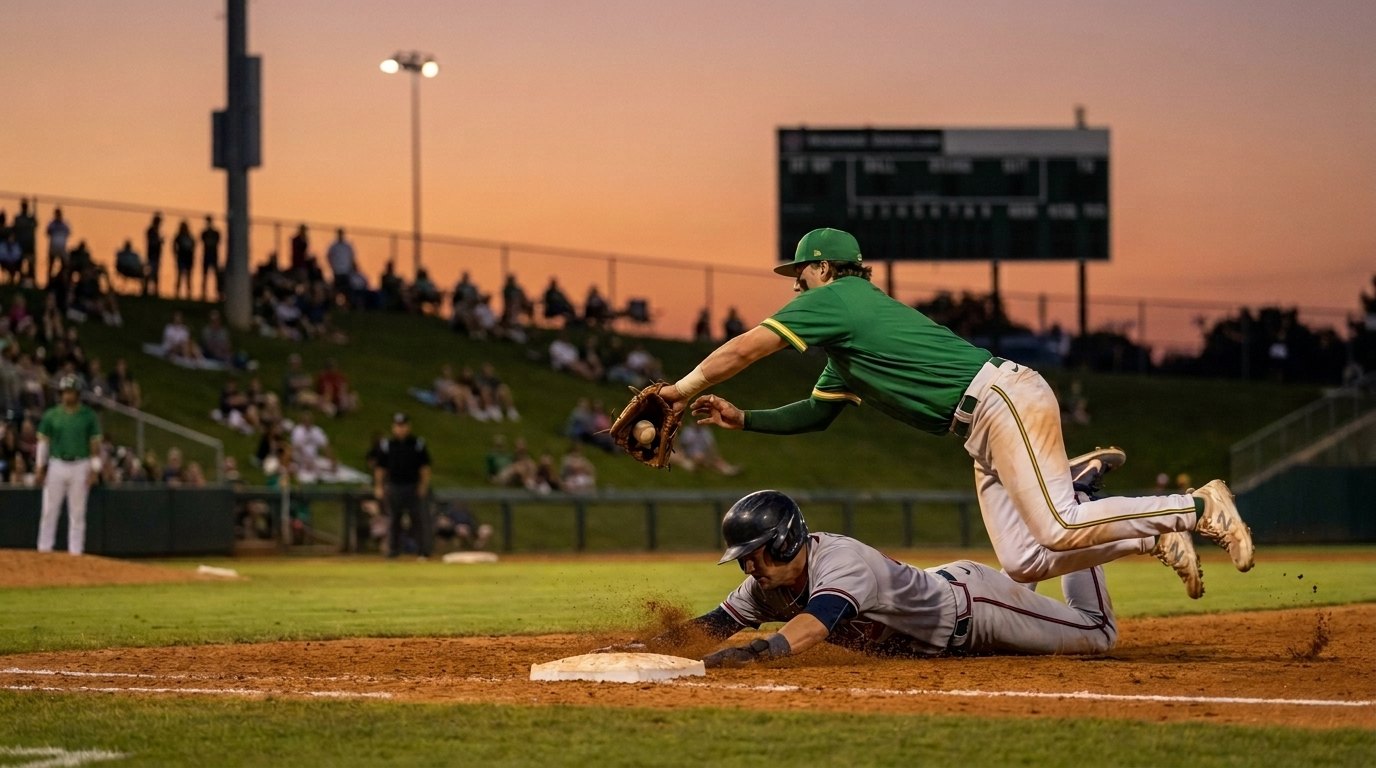 Fildeador de verde se lanza con el guante estirado mientras un corredor de gris se barre de cabeza hacia la base en un estadio pequeño al atardecer