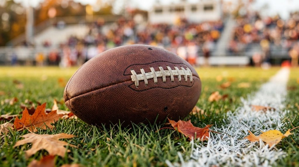 Balón de futbol americano sobre el pasto junto a la línea lateral en una tarde soleada de otoño, con hojas secas y las tribunas desenfocadas al fondo