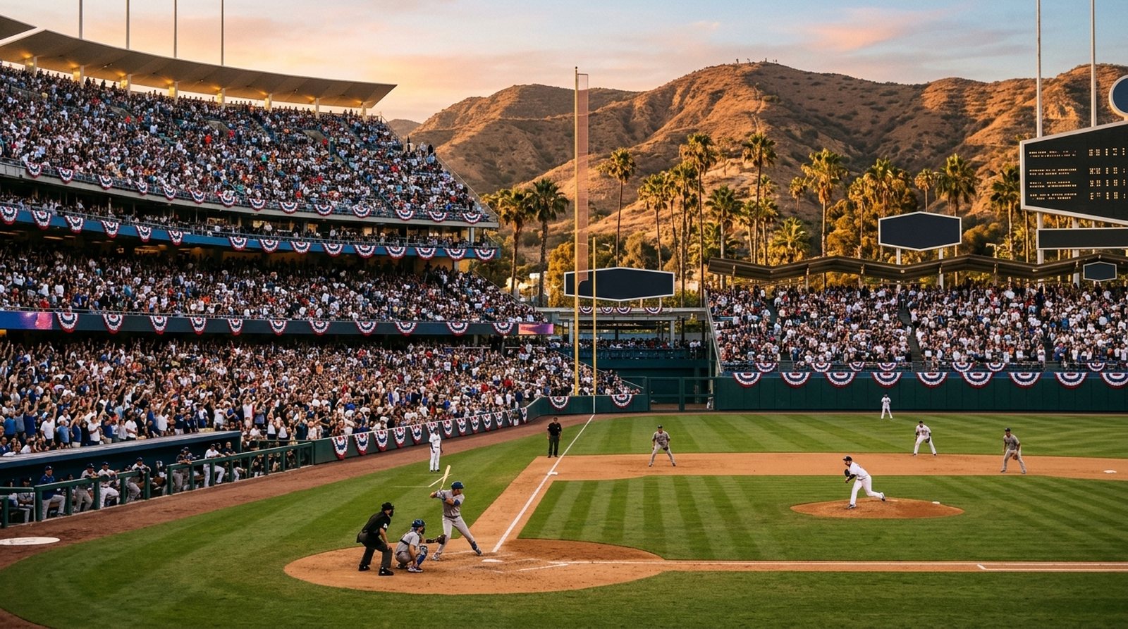 Estadio de beisbol lleno al atardecer con palmeras y cerros de fondo durante un juego de postemporada