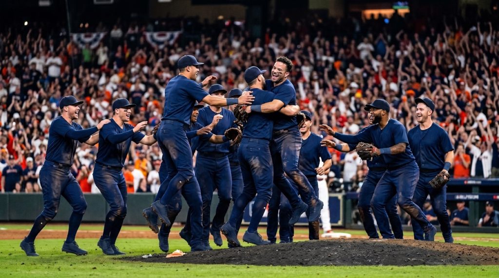 Jugadores de beisbol con uniforme azul marino celebran sobre el montículo tras el último out de una serie de postemporada