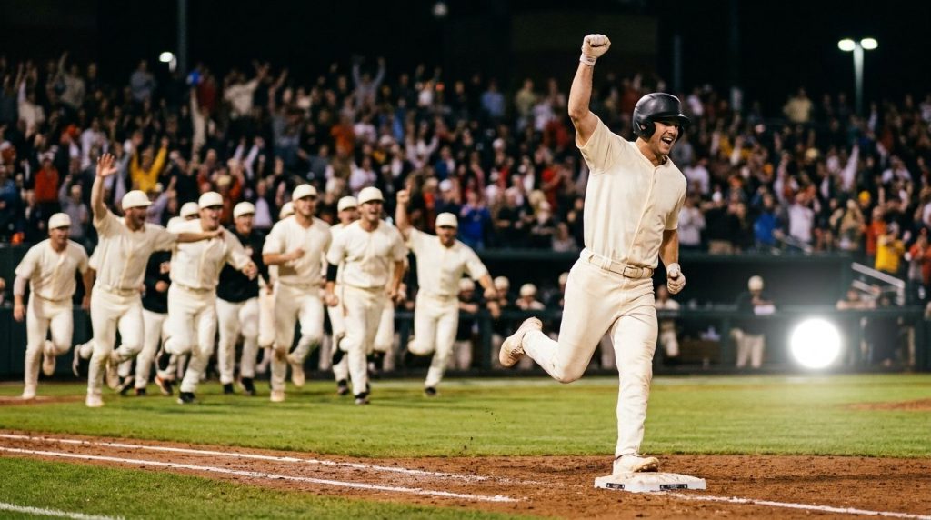 Bateador de beisbol celebra con el puño en alto mientras corre a primera base y sus compañeros salen del dugout en un juego de noche