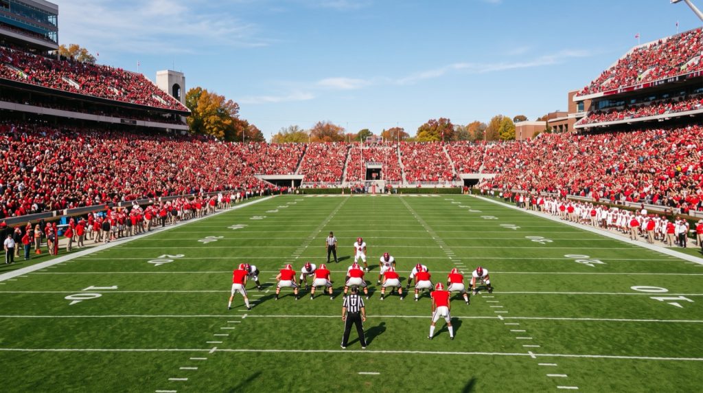 Estadio de futbol americano lleno de aficionados vestidos de rojo en una tarde soleada de otoño, con los equipos alineados en la línea de golpeo