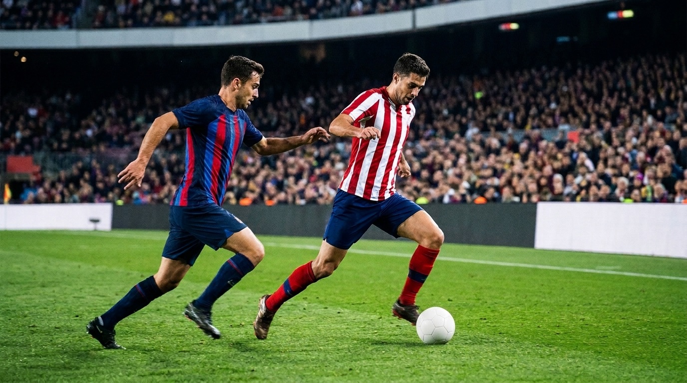 Un jugador de rayas rojas y blancas conduce el balón perseguido por un rival de rayas azules y rojas en un partido nocturno