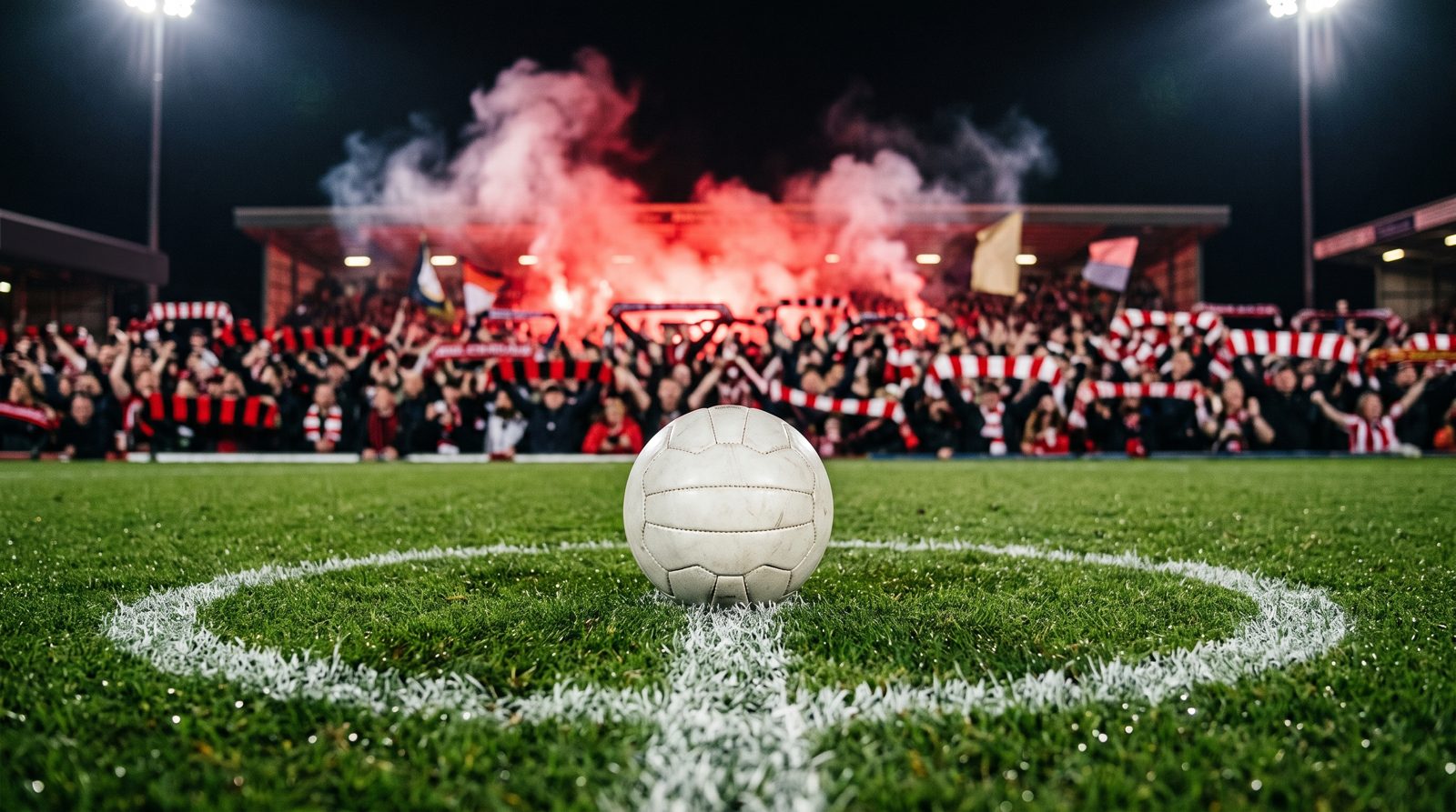Balón sobre el punto central de la cancha de noche, con bengalas rojas y bufandas en la tribuna al fondo