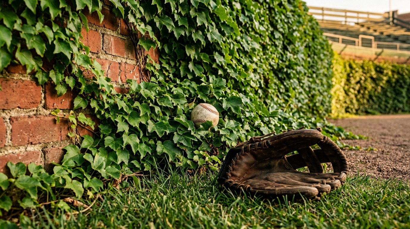 Pelota de beisbol entre la hiedra de una barda de ladrillo, con un guante viejo sobre el pasto