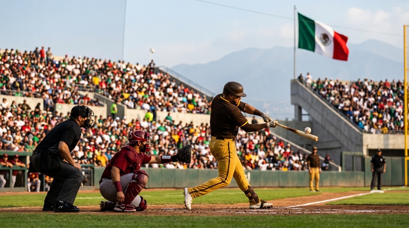 Bateador con uniforme café y dorado conecta la pelota en un estadio lleno, con una bandera de México ondeando sobre las gradas y montañas al fondo