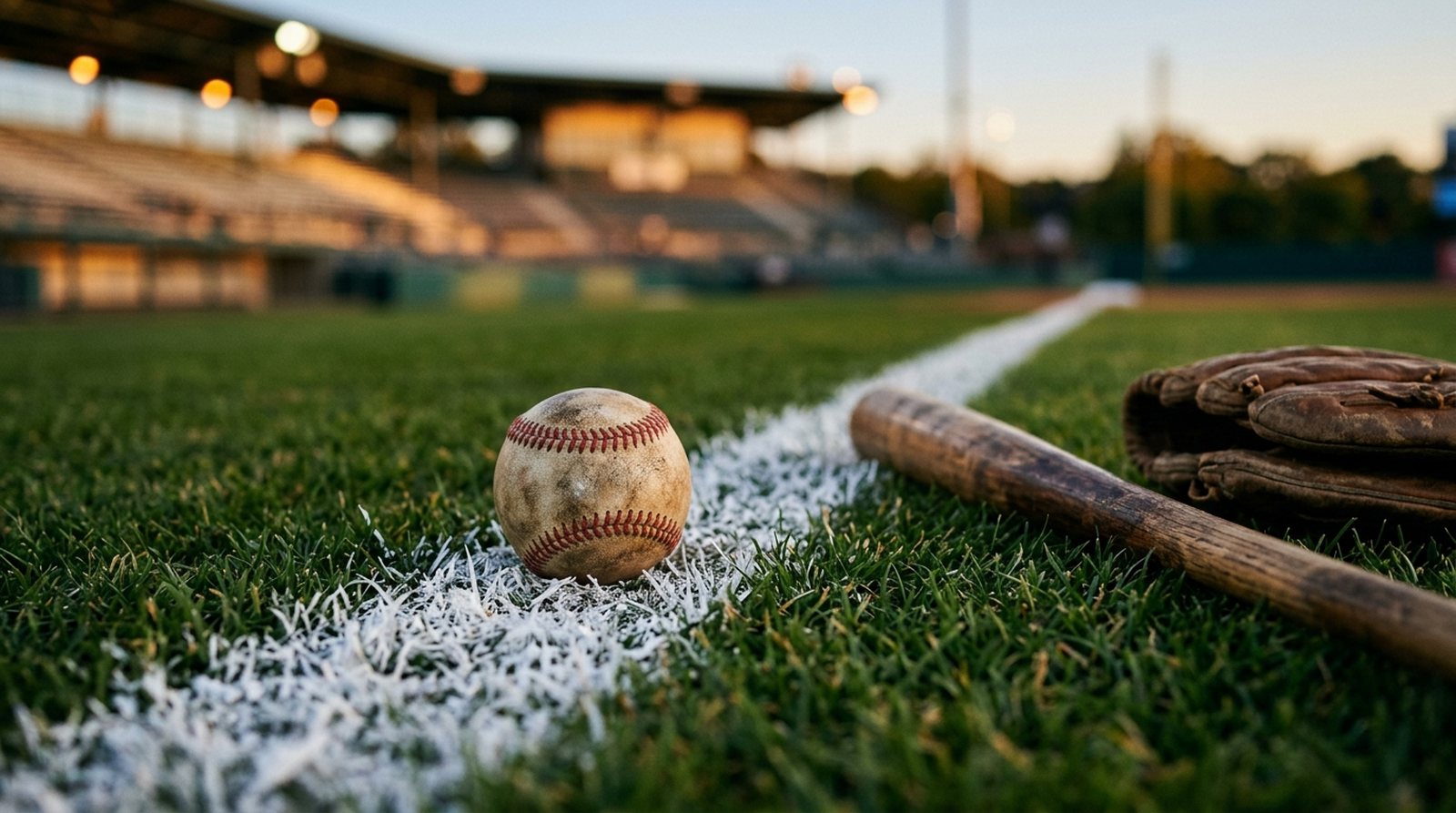 Pelota de beisbol sobre la línea de cal de primera base al atardecer, con bate y guante