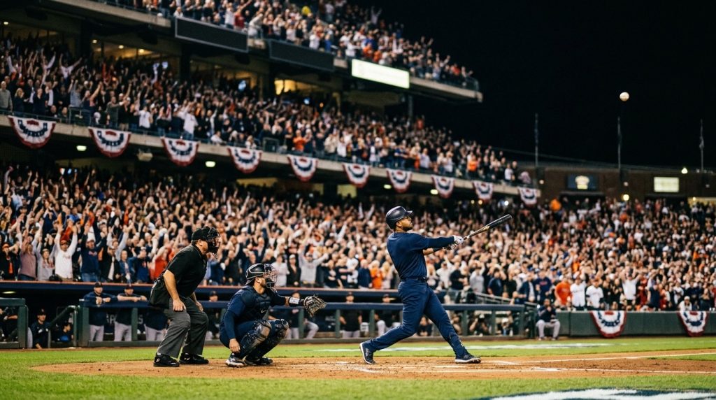 Bateador de beisbol siguiendo con la vista un batazo elevado en un estadio lleno durante una noche de postemporada